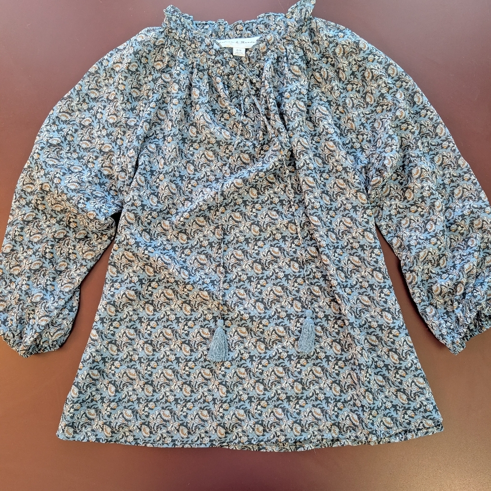 Floral Blue Chiffon Women's Peasant Top, Chelsea & Theodore